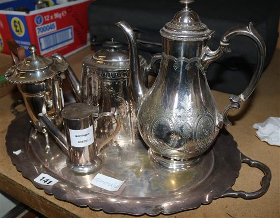 Plated 2 handled tray, teapot & 3 other pieces (5)